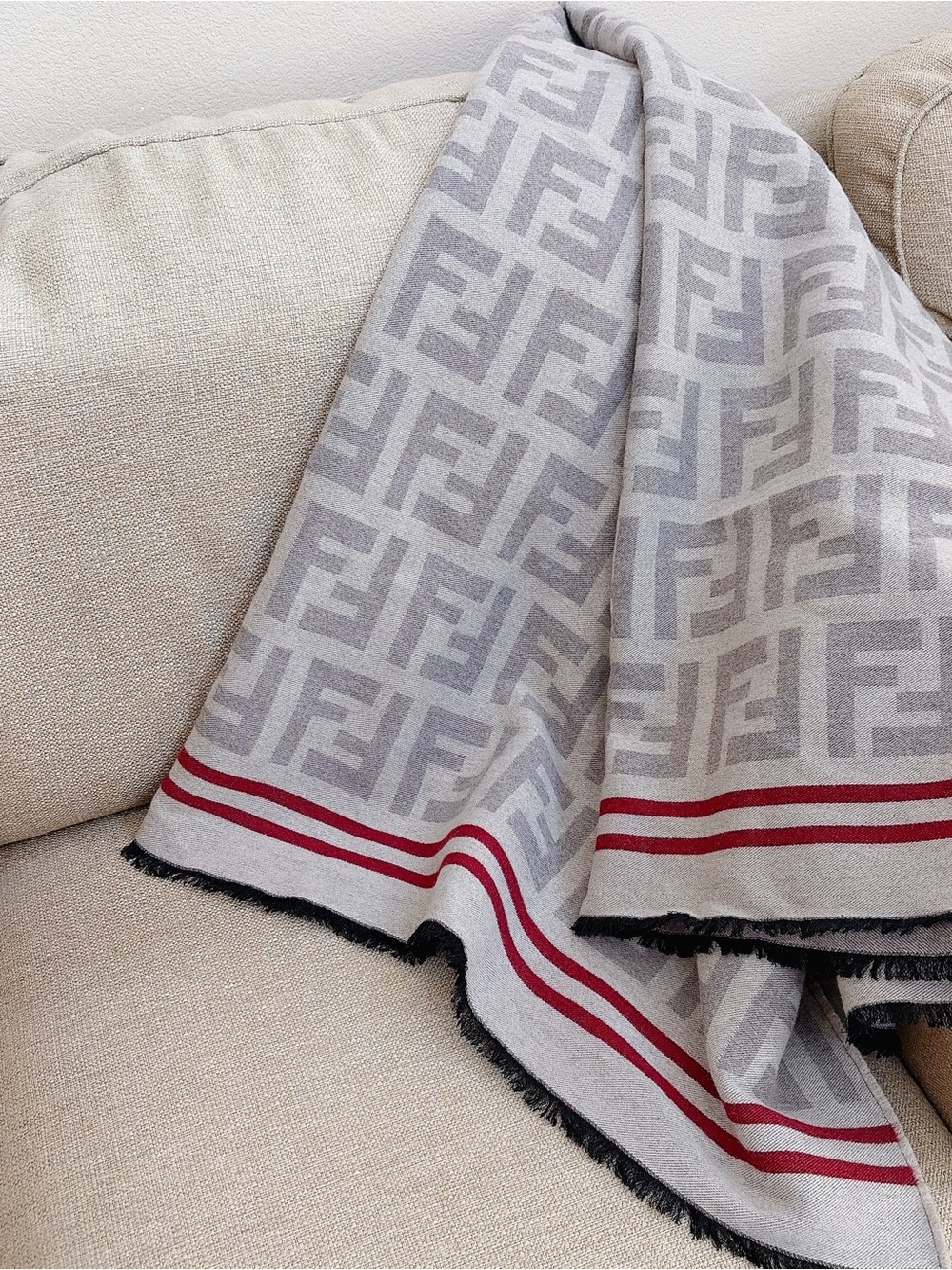 FENDI FF logo fringed wool throw blanket